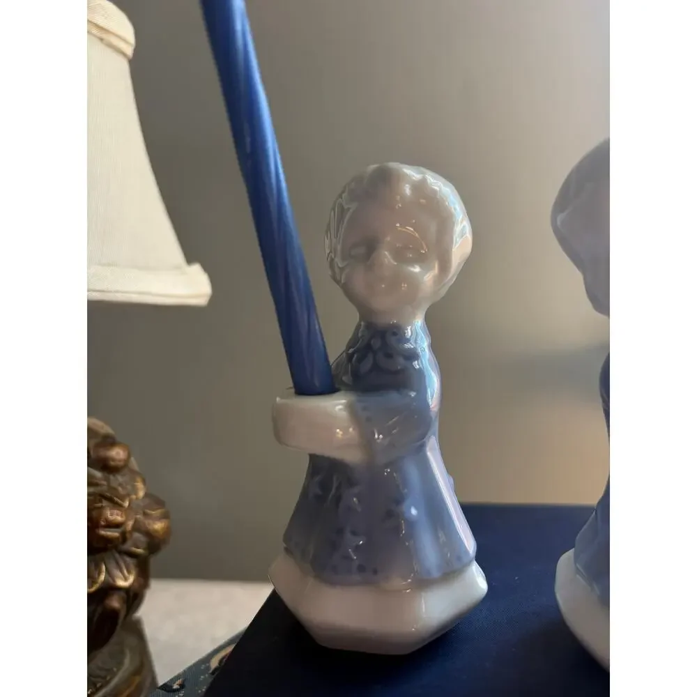 Vintage 1960s blue and white porcelain birthday candle holders figurines
